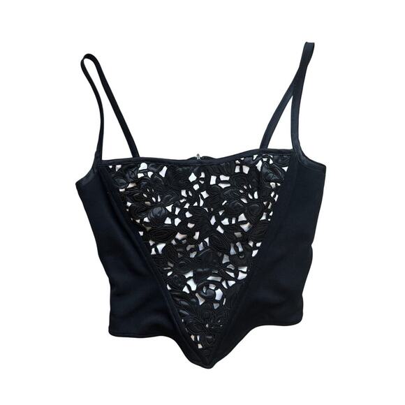Vintage 1990s Cache by Tadashi Black White Floral Corset Top 6 S/M Lace Overlay - Picture 3 of 7